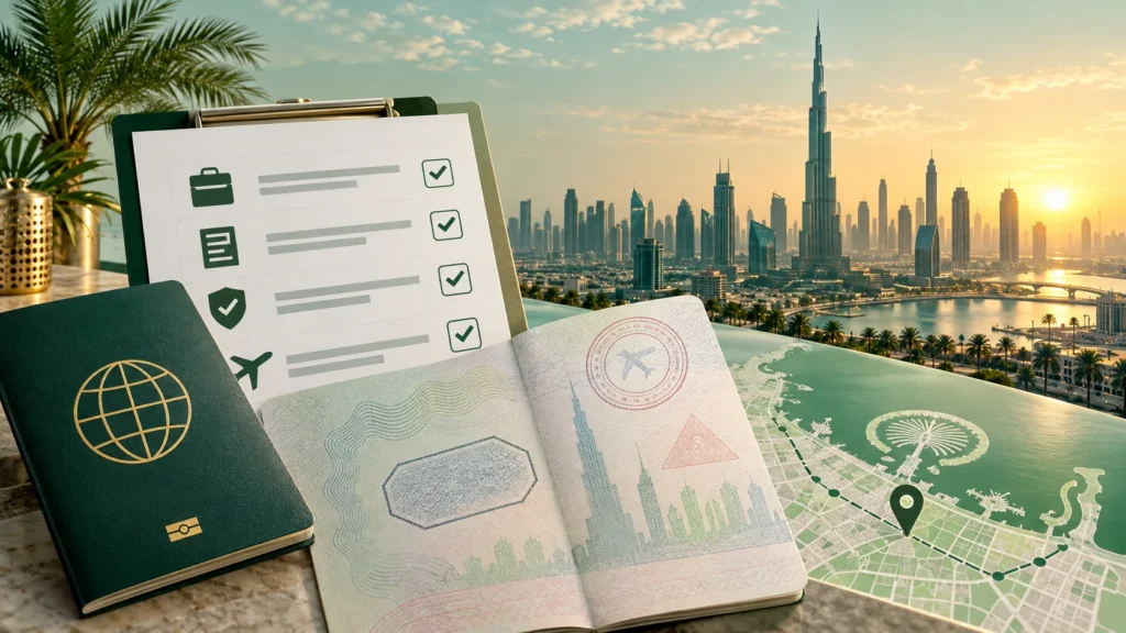 Dubai work visa process represented by a checklist and unbranded travel documents