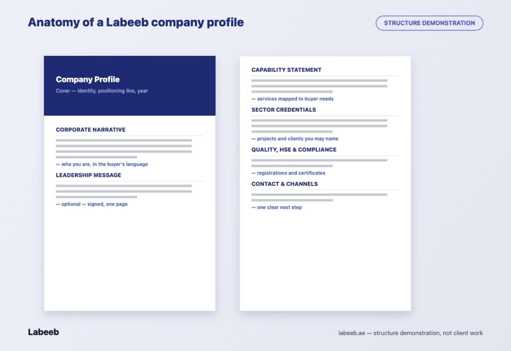 Anatomy of a Labeeb company profile — structure demonstration showing cover, corporate narrative, capability statement, sector credentials, compliance and contact sections. Not client work.